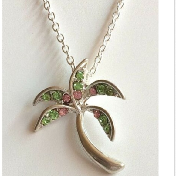 Vintage Silver Coconut Palm Tree Necklace 18" Crystal Island Plated Pendant - Picture 3 of 9
